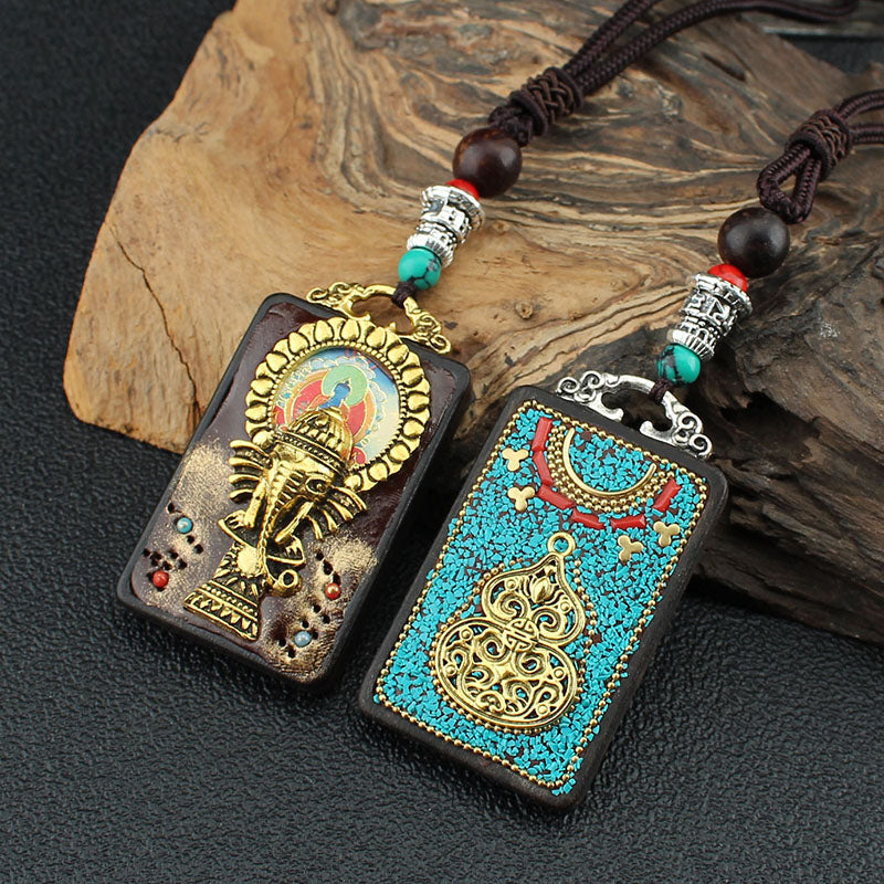 Vintage Nepal Thangka God Of Wealth Buddha Elephant God Ebony Pendant Necklace Exotic Sweater Chain