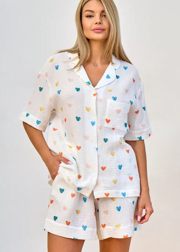Cotton Gauze Pajama Set With Heart Print