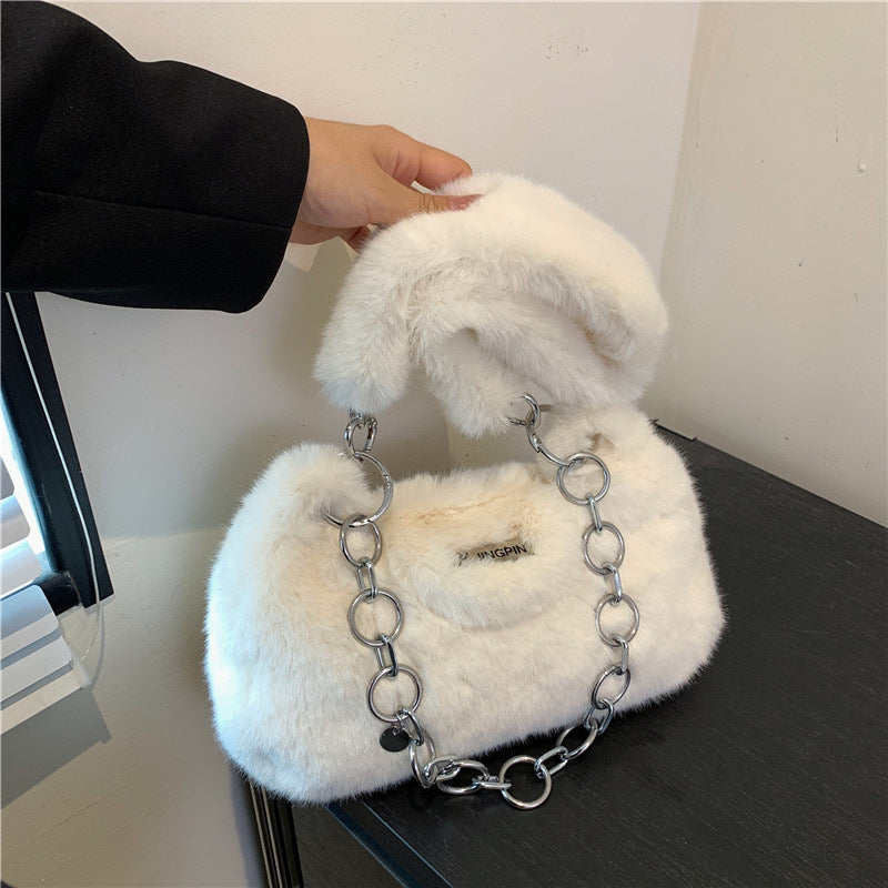 Fashionable Plush Shoulder Bag with Chain
