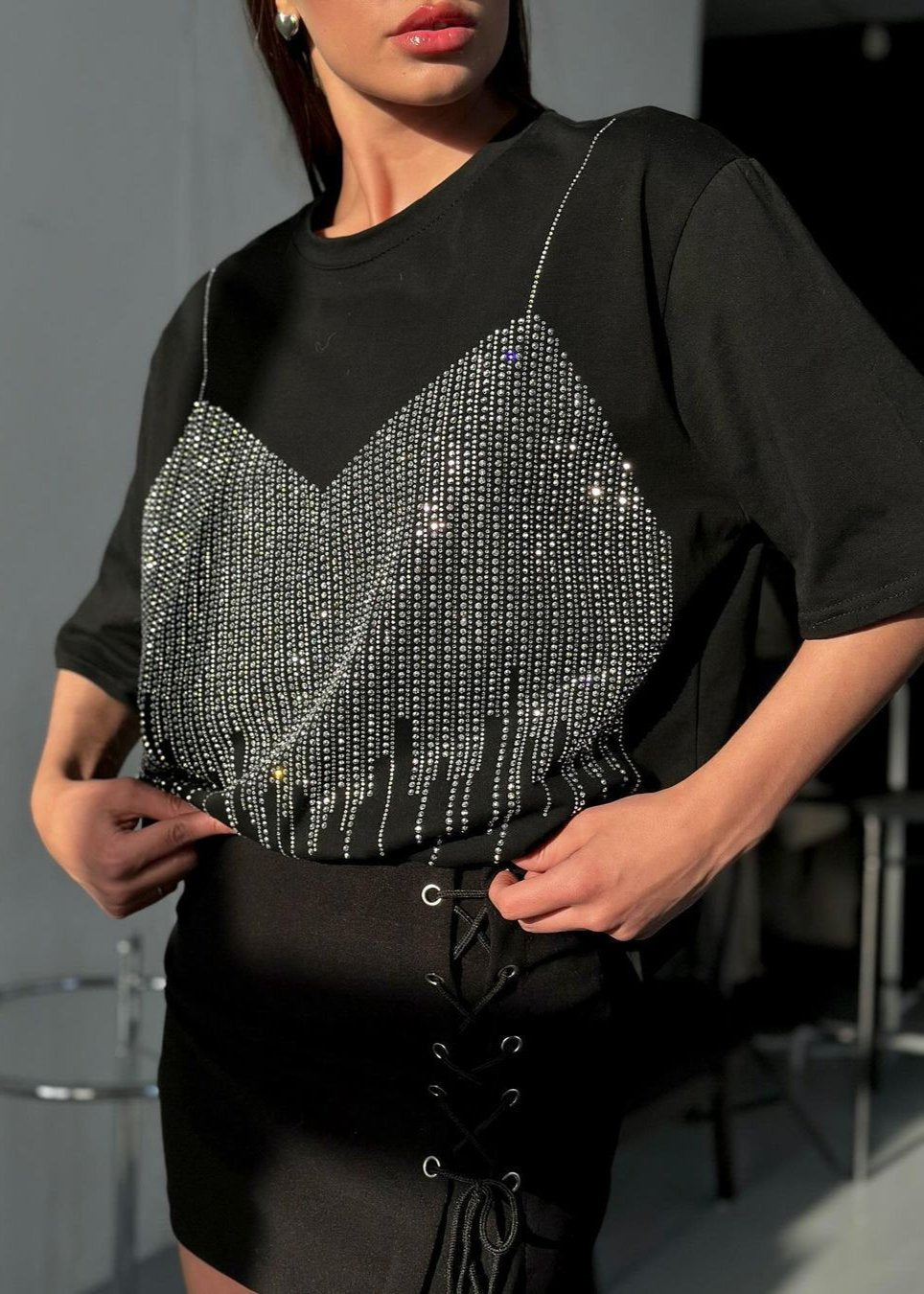 Embellished Cotton Tee With Rhinestone Corset Design