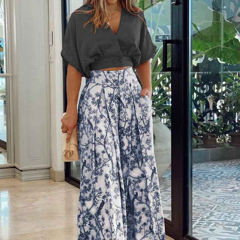 Trendy Floral Printed Two-Piece Set with Loose Wide-Leg Pants
