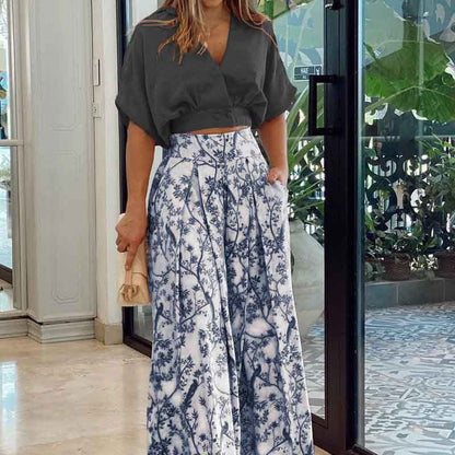 Trendy Floral Printed Two-Piece Set with Loose Wide-Leg Pants