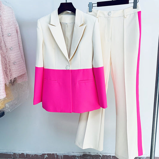Trendy Color Block Blazer And Flared Pants Set