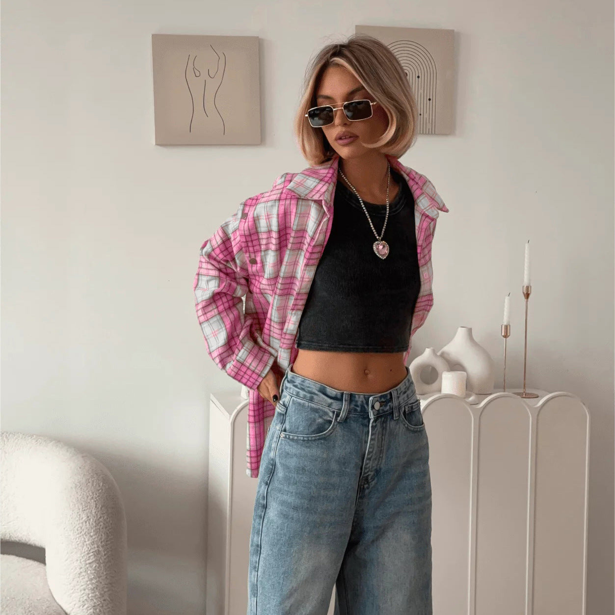 Pink Checkered Button-Up Shirt Casual Loose Fit Top