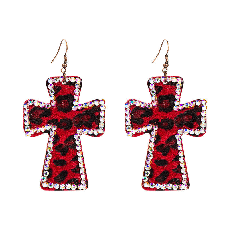 Trendy Y2K Cross Earrings Genuine Leather Leopard Print Geometric Style
