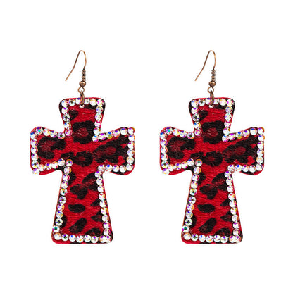 Trendy Y2K Cross Earrings Genuine Leather Leopard Print Geometric Style
