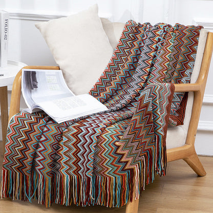 Boho Tassel Knit Color Block Throw Blanket