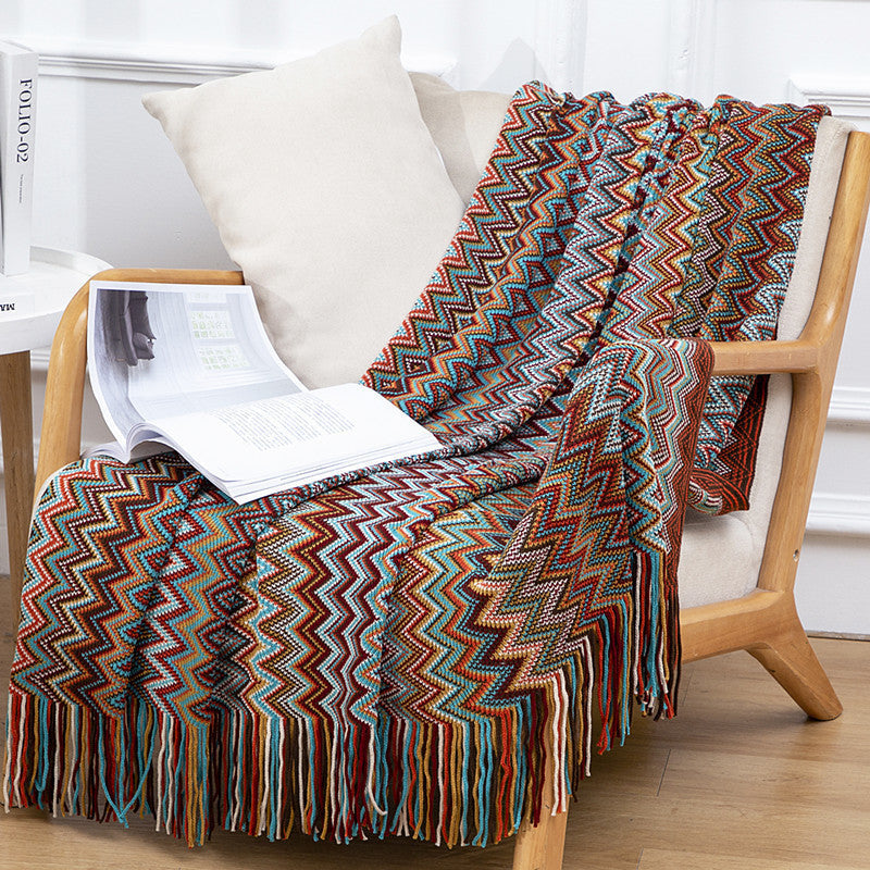 Boho Tassel Knit Color Block Throw Blanket