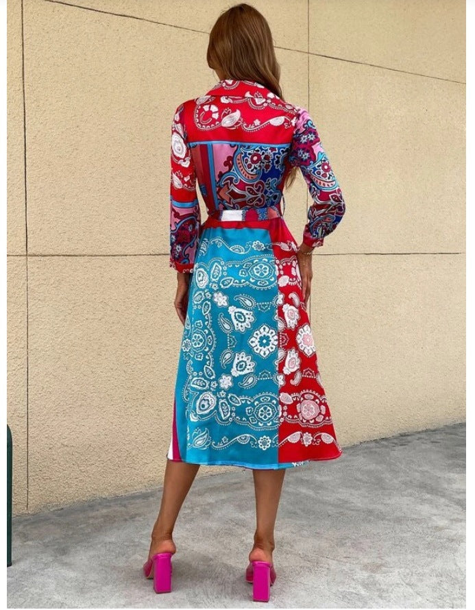 Women'S Lace-Up Print Polo Neck Midi Dress