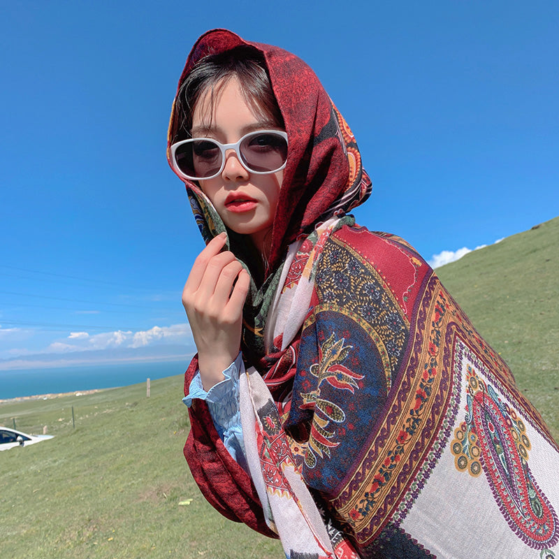 Retro Ethnic Style Scarf Grassland Sunscreen Shawl Women'S Summer Thin Scarf Beach Scarf