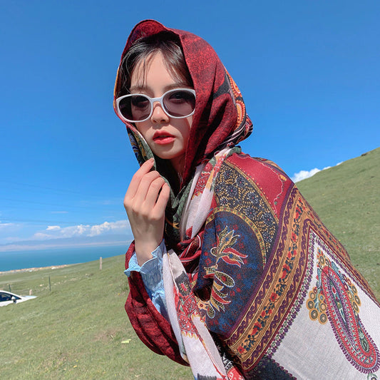 Retro Ethnic Style Scarf Grassland Sunscreen Shawl Women'S Summer Thin Scarf Beach Scarf