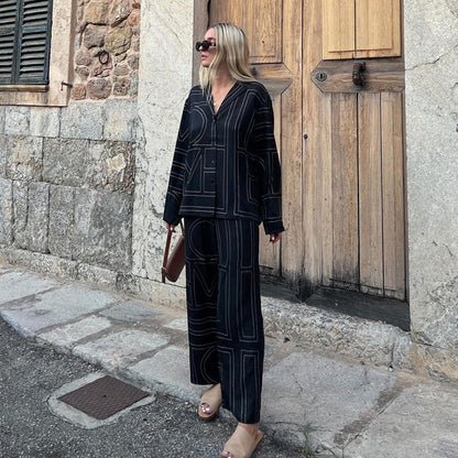 Letter Print Satin Long Sleeve Shirt & Pants Set