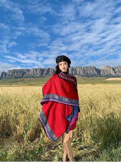 Tibetan Great Retro Totem Red Warm Outer Shawl Women'S Scarf Autumn And Winter Cloak Big Cloak