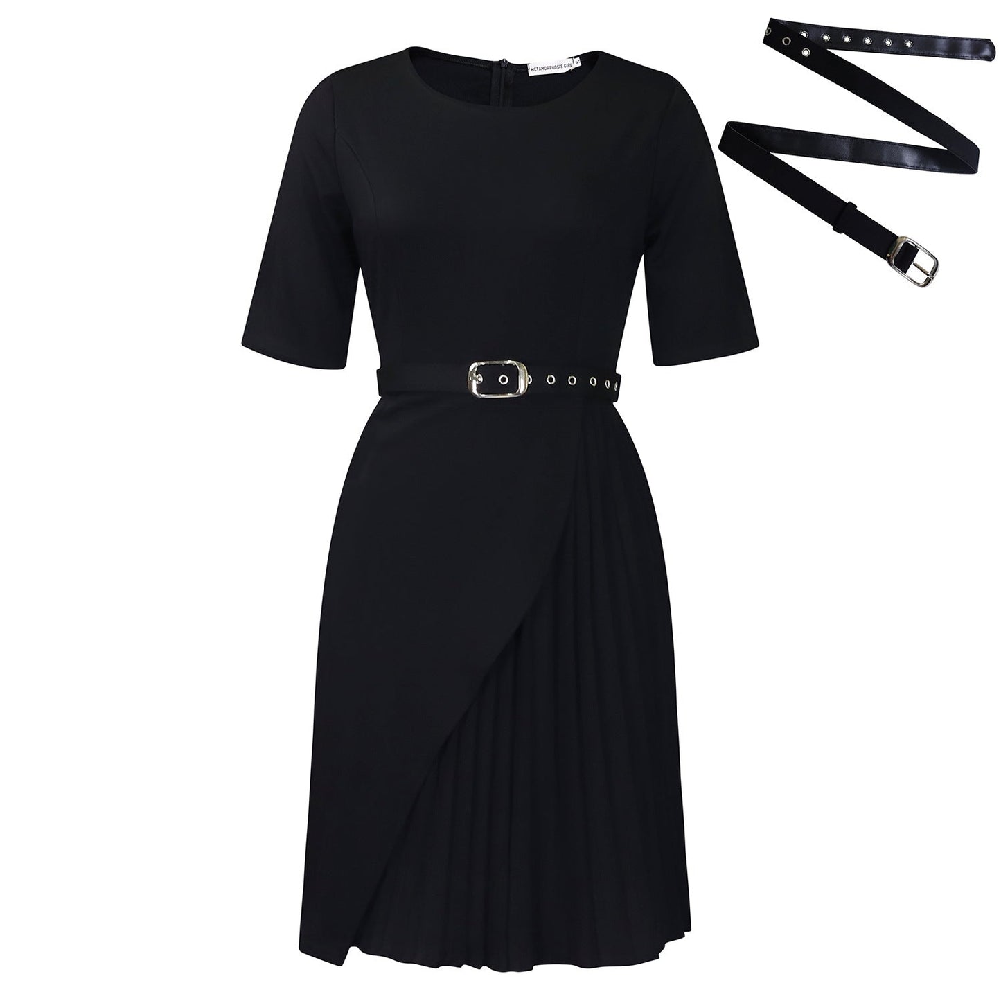 Elegant High-Waisted Pleated Midi Dress With Belt