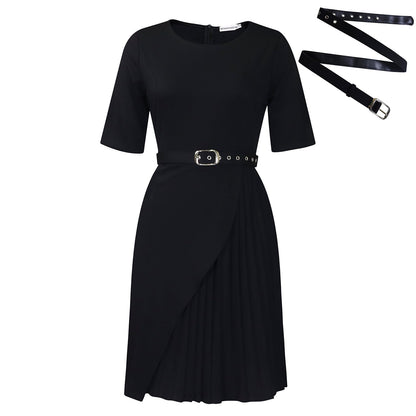 Elegant High-Waisted Pleated Midi Dress With Belt