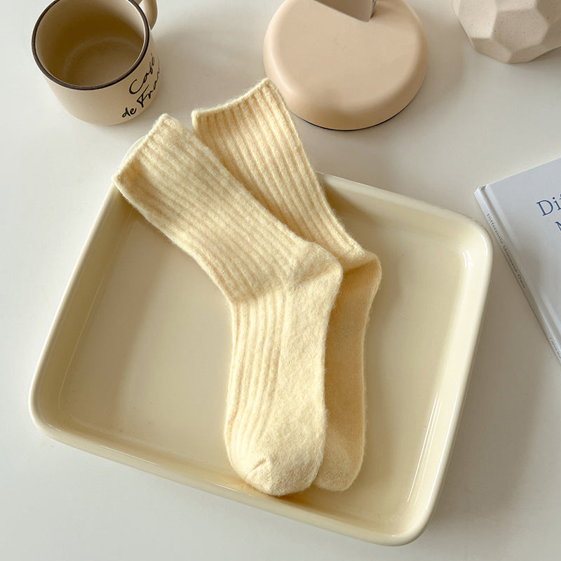 Solid Color Striped Thicken Plush Wool Crew Socks