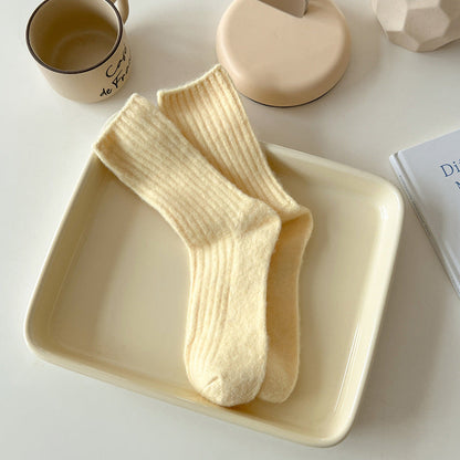 Solid Color Striped Thicken Plush Wool Crew Socks