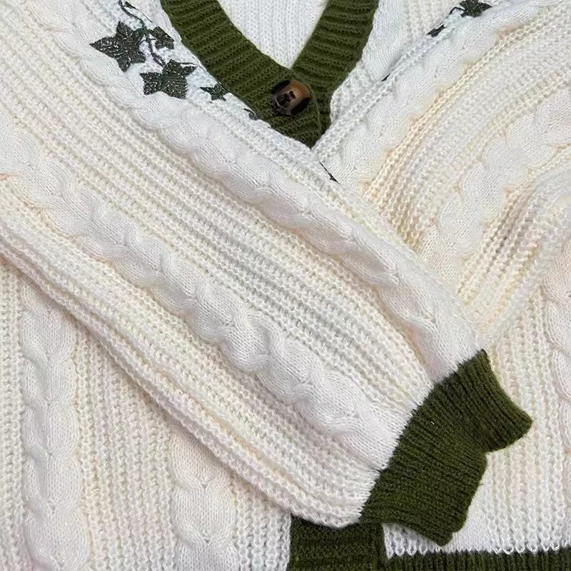 Casual Leaves Embroidery Balloon Sleeves Cardigan