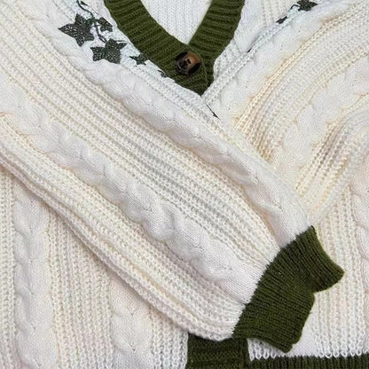 Casual Leaves Embroidery Balloon Sleeves Cardigan