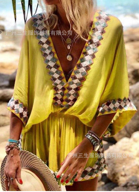 Floral Print Maxi Dress V-Neck Polyester Beachwear