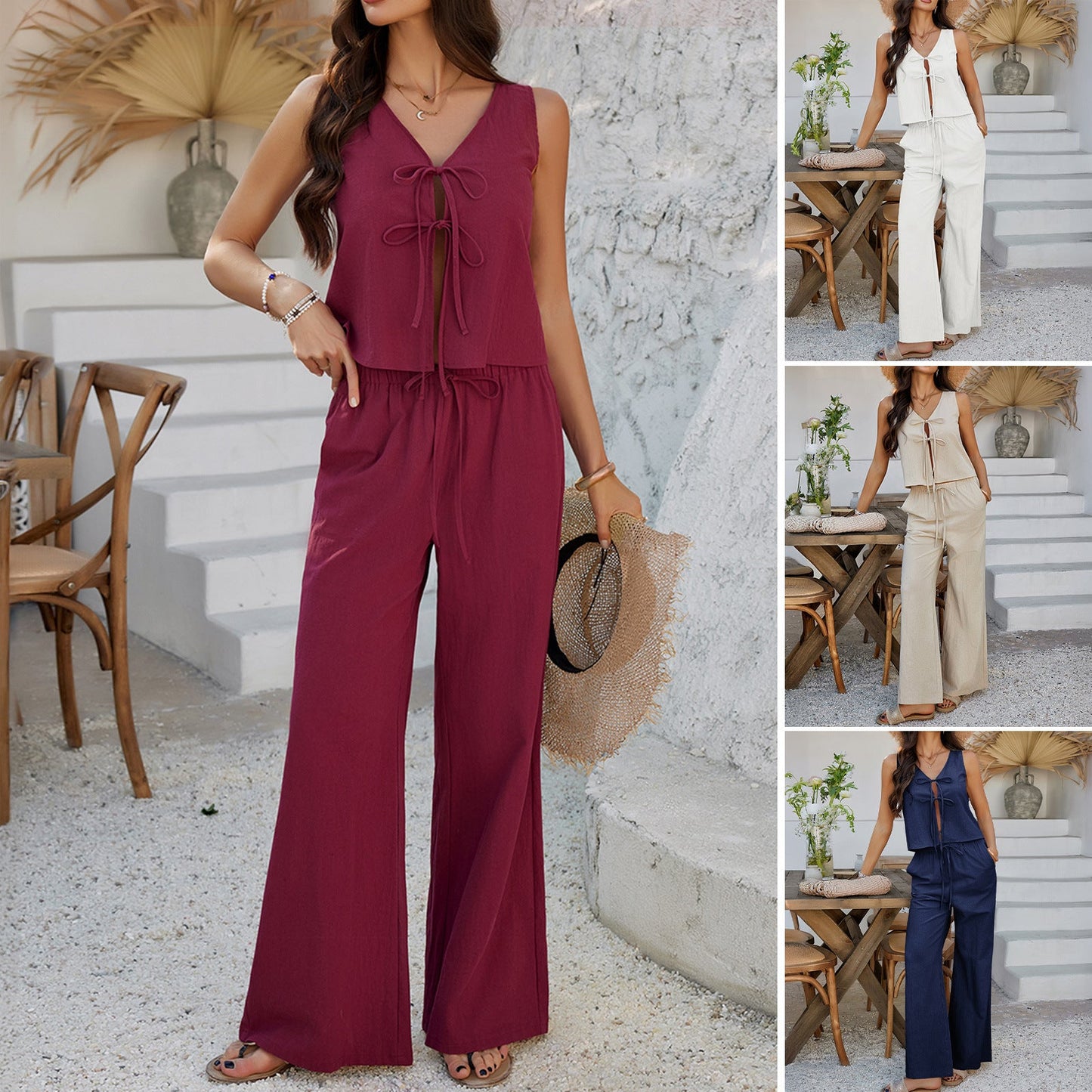 Casual Sleeveless Top and Wide Leg Pants Set