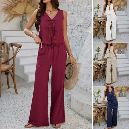 Casual Sleeveless Top and Wide Leg Pants Set