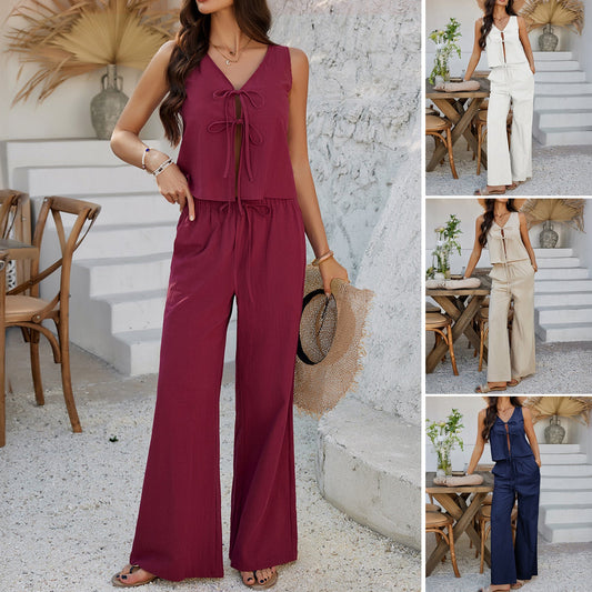 Casual Sleeveless Top and Wide Leg Pants Set