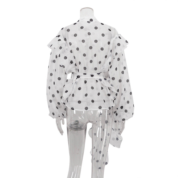 Polka Dot Ruffle Hem Long Sleeve Shirt