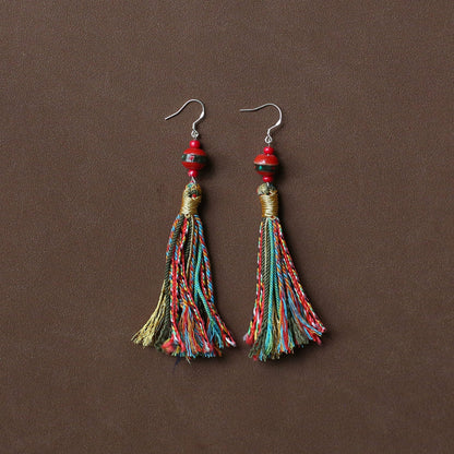 Tibetan Fringed Earrings 925 Sterling Silver Ear Hooks Niche Retro Ethnic Style Jewelry