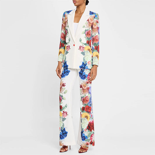 Floral Print Suit Jacket Set Stylish Casual Outfit