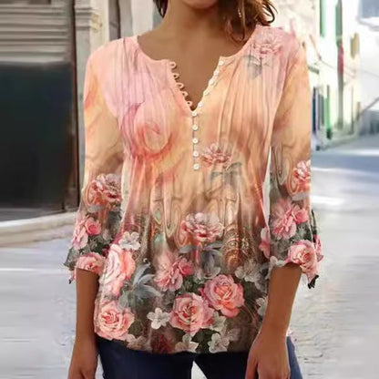 Spring And Summer Fashion New Women'S Clothing Floral Printing V-Neck Short-Sleeved Pleated Button-Up T-Shirt Bottoming Shirt