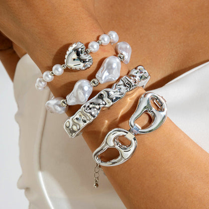 Layered Geometric Statement Cuff Bracelet Set