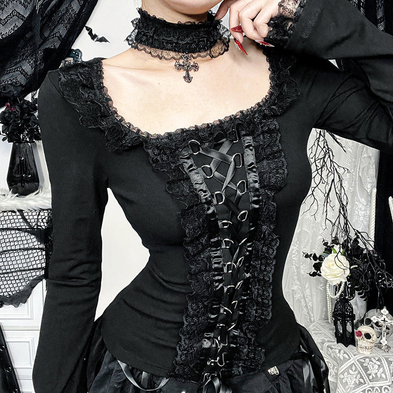 Dark Aesthetic Lace Trim Long Sleeve Top with Choker
