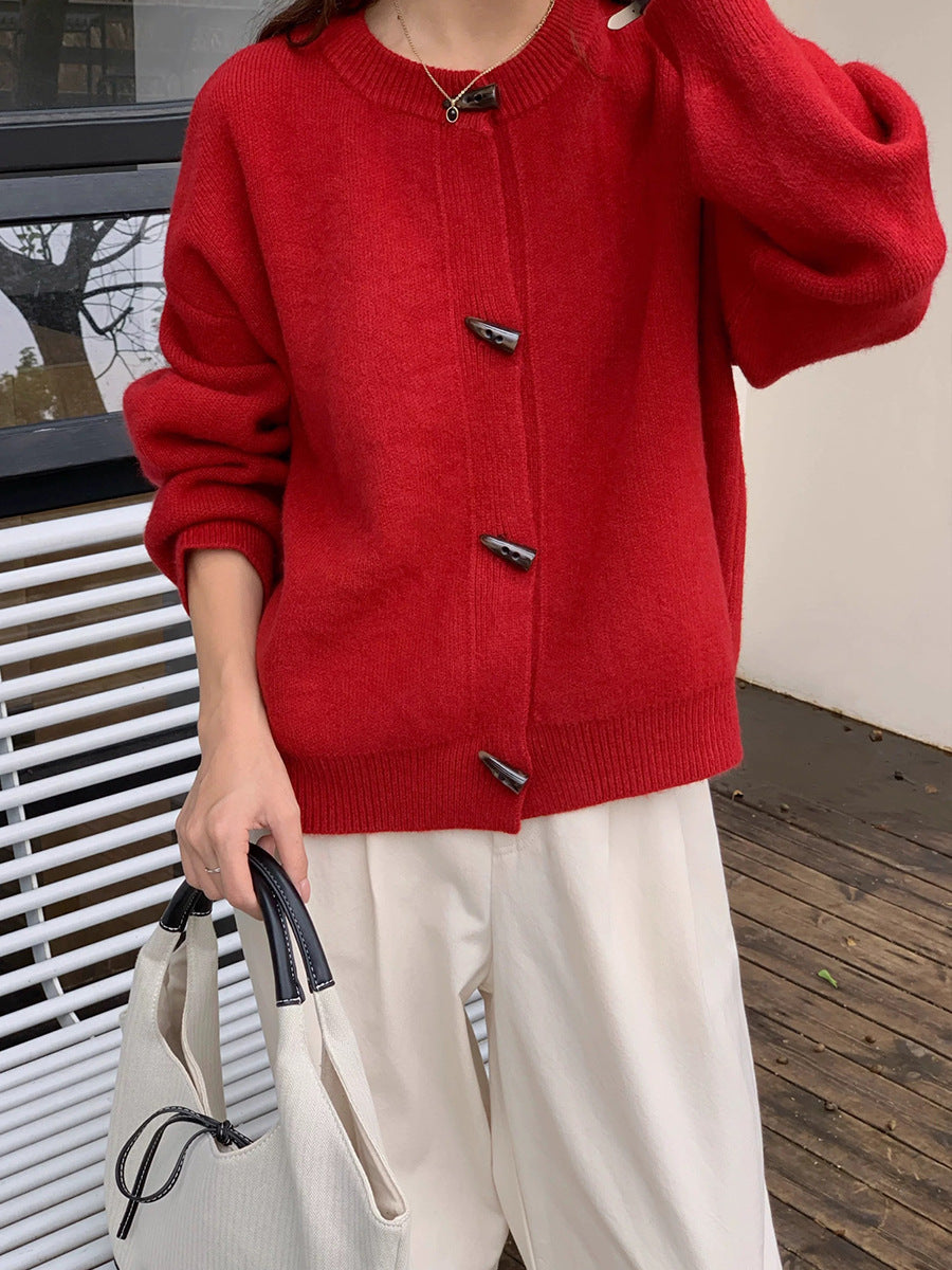 Retro Solid Color Toggle Button Knit Cardigan