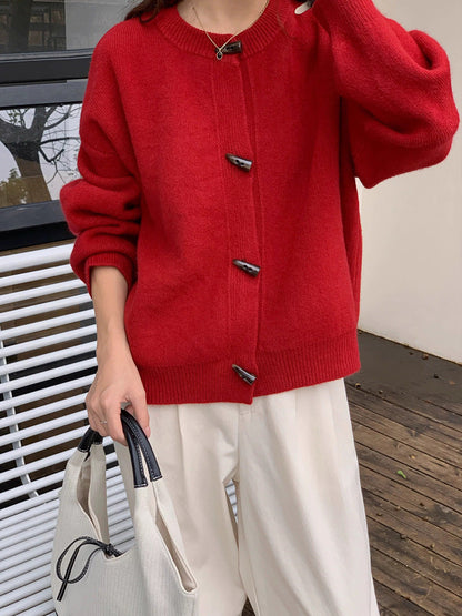 Retro Solid Color Toggle Button Knit Cardigan