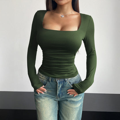 Y2K Square Neck Long Sleeve Fitted Casual Top for Women