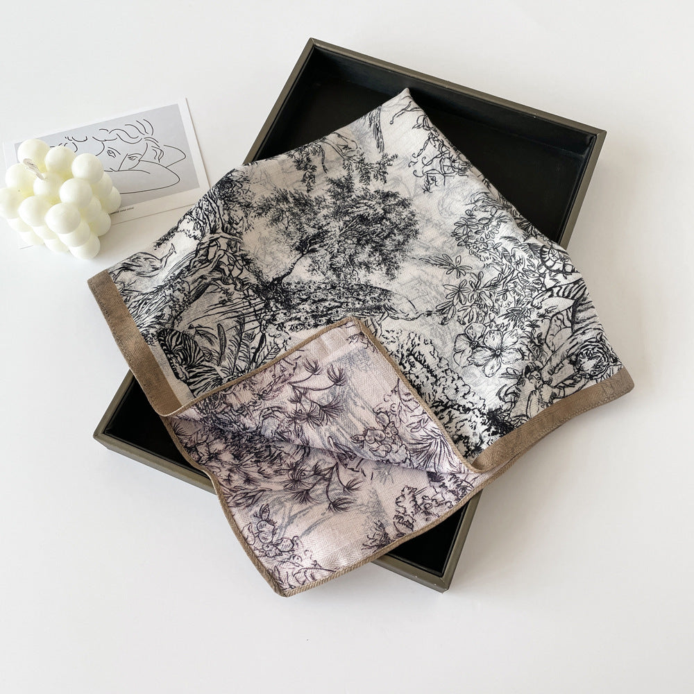 Elegant Flower Print Long Satin Scarf