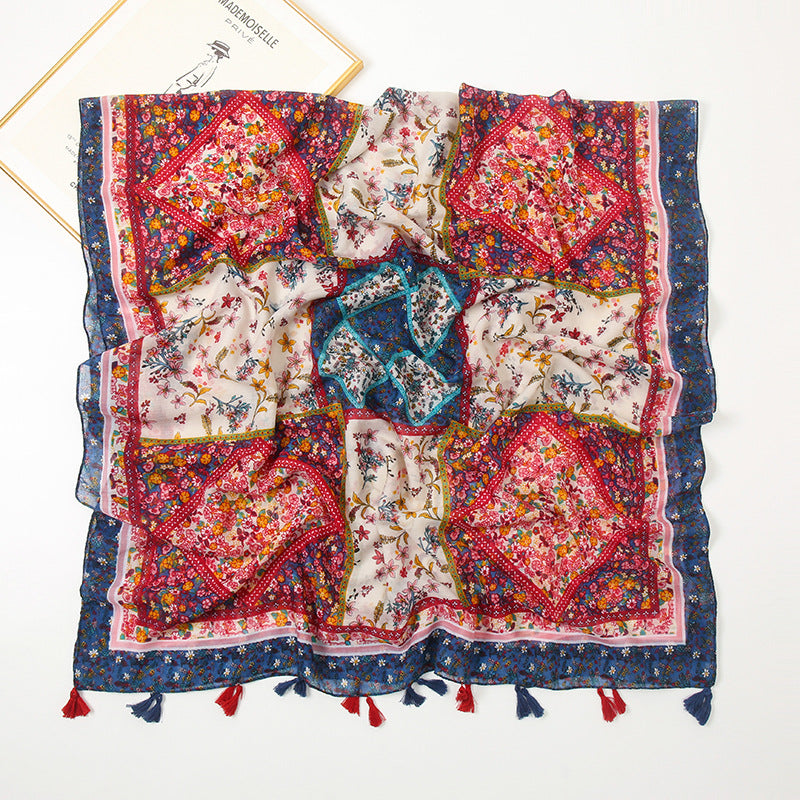 New Retro Fragmented Flower Art Cotton Linen Scarf For Women Thin Bohemian Print Splice Cashew Nut Ethnic Style