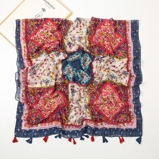 New Retro Fragmented Flower Art Cotton Linen Scarf For Women Thin Bohemian Print Splice Cashew Nut Ethnic Style