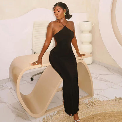 Elegant Sleeveless Black Bodycon Dress With Halter Neck