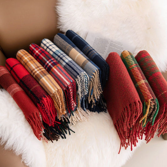 Retro Soft Wool Checkered Fringed Winter Scarf