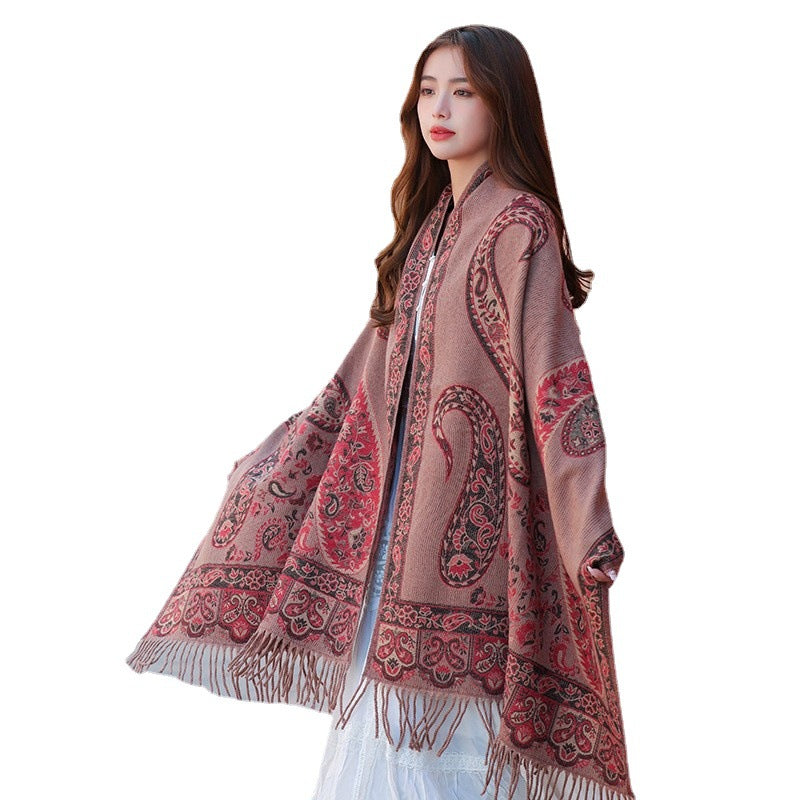 Red National Style Scarf Autumn And Winter Shawl