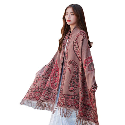 Red National Style Scarf Autumn And Winter Shawl