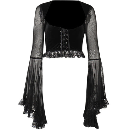 Sexy Black Bell Sleeve T-Shirt Sheer Panel Casual Top