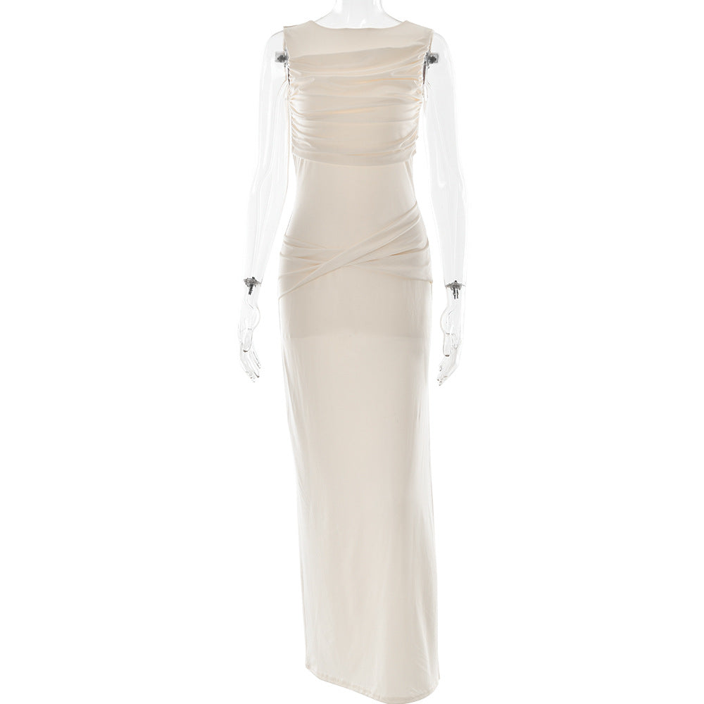Fashion Round Neck Pleated Sleeveless Maxi Dress