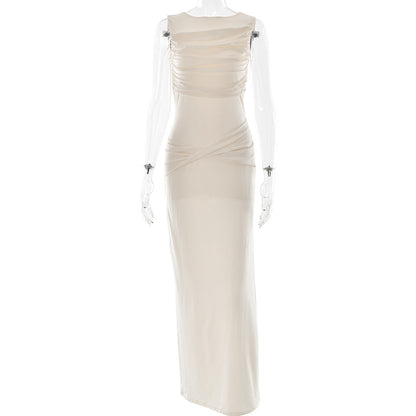 Fashion Round Neck Pleated Sleeveless Maxi Dress