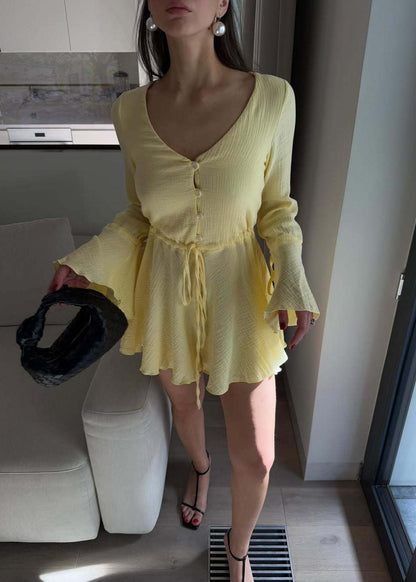 Flared Sleeve Button Romper In Lightweight Yellow Fabric