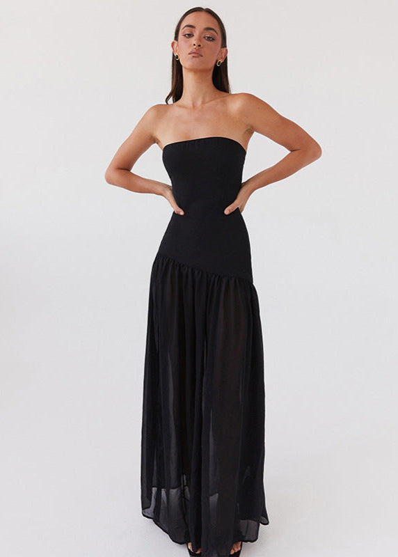 Strapless Black Maxi Dress with Sheer Skirt