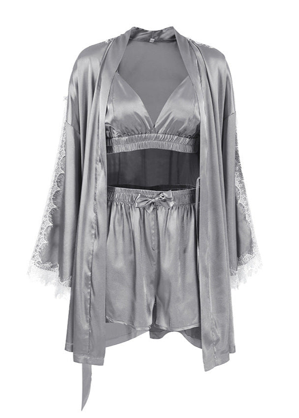 Satin Lace Sleepwear Set With Bralette Shorts And Robe