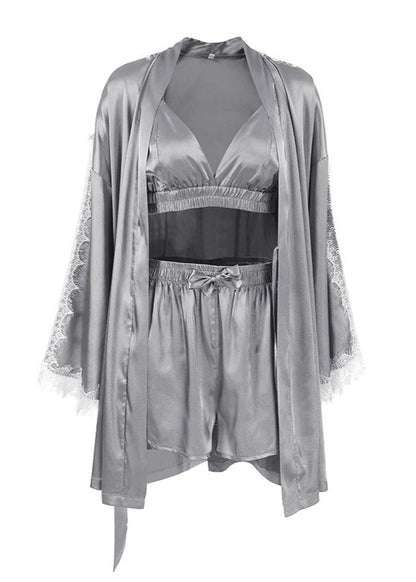 Satin Lace Sleepwear Set With Bralette Shorts And Robe